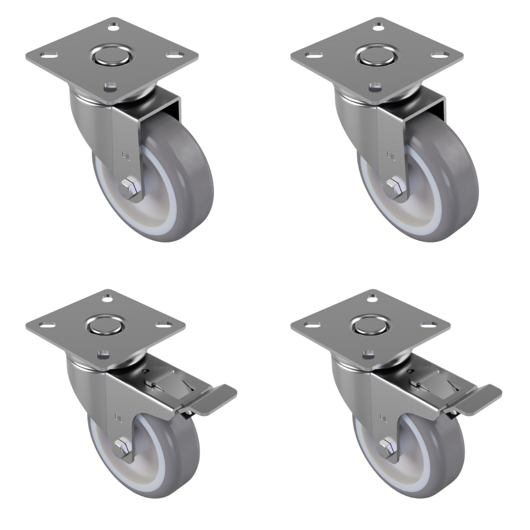 4 Pack Rubber Swivel Plate 75mm 2 X Swivel 2 X Braked 50kg Load | BIL Group